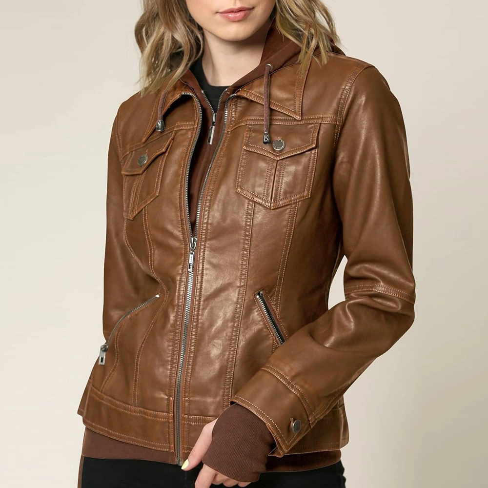 Women’s Camel Leather Moto Coat Jacket with Detachable Hood and Flap Pockets