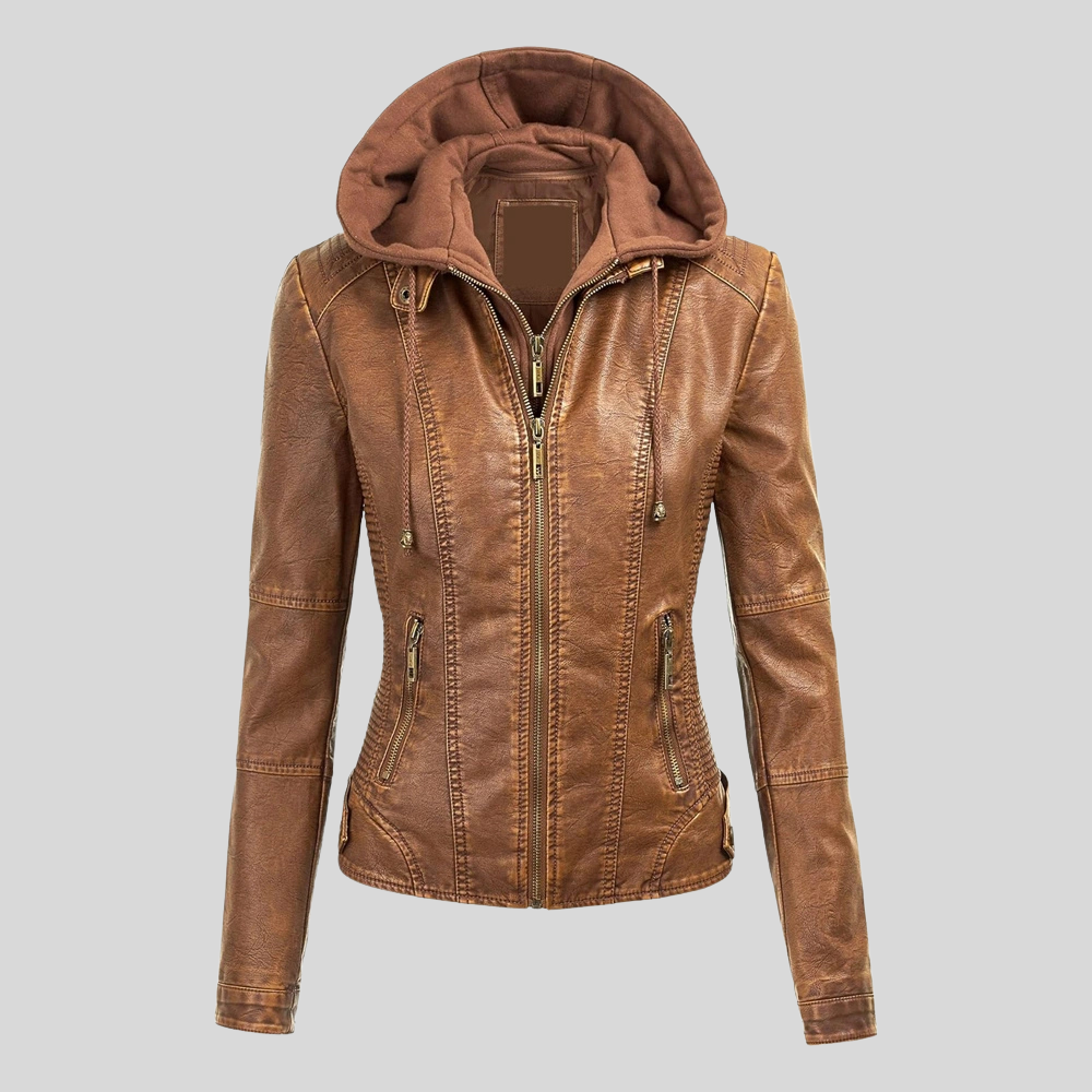 Women’s Camel Leather Moto Jacket with Detachable Hood