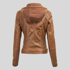 Women’s Camel Leather Moto Jacket with Detachable Hood