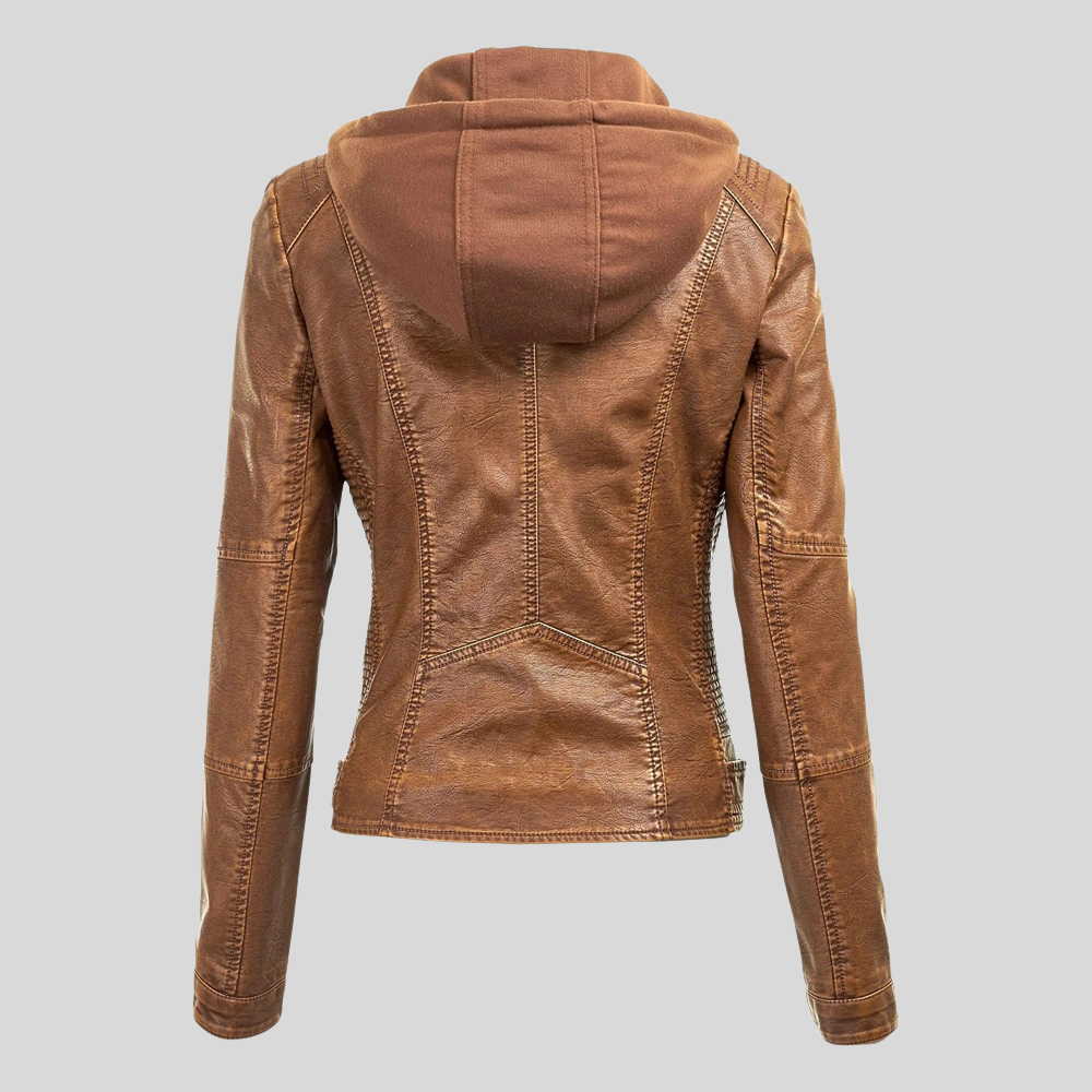 Women’s Camel Leather Moto Jacket with Detachable Hood