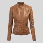 Women’s Camel Leather Moto Jacket with Detachable Hood