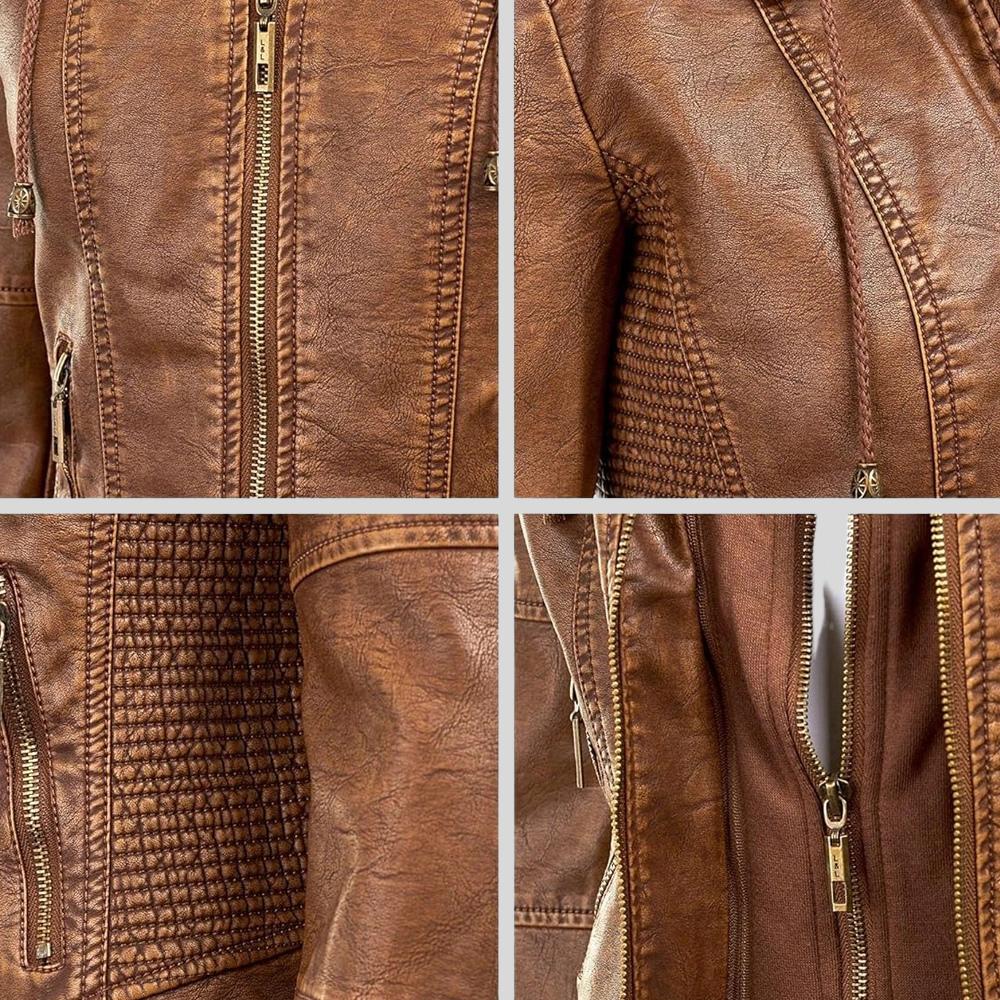 Women’s Camel Leather Moto Jacket with Detachable Hood