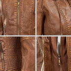 Women’s Camel Leather Moto Jacket with Detachable Hood
