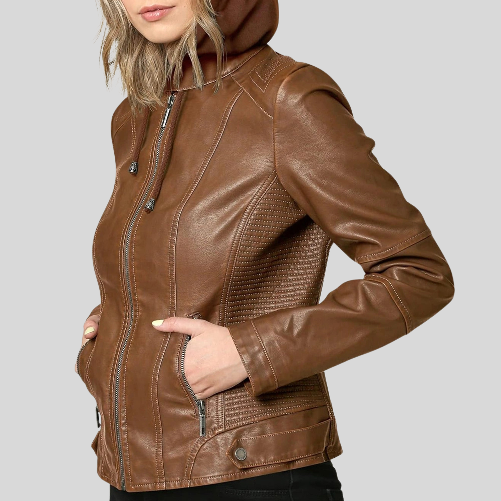 Women’s Camel Leather Moto Jacket with Detachable Hood