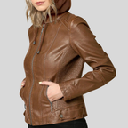 Women’s Camel Leather Moto Jacket with Detachable Hood