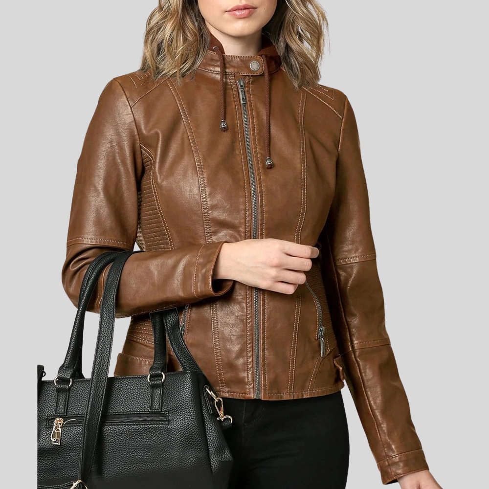Women’s Camel Leather Moto Jacket with Detachable Hood
