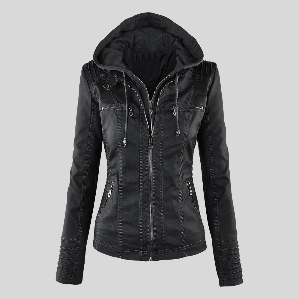 Women’s Black Leather Moto Jacket with Detachable Hood and Quilted Details