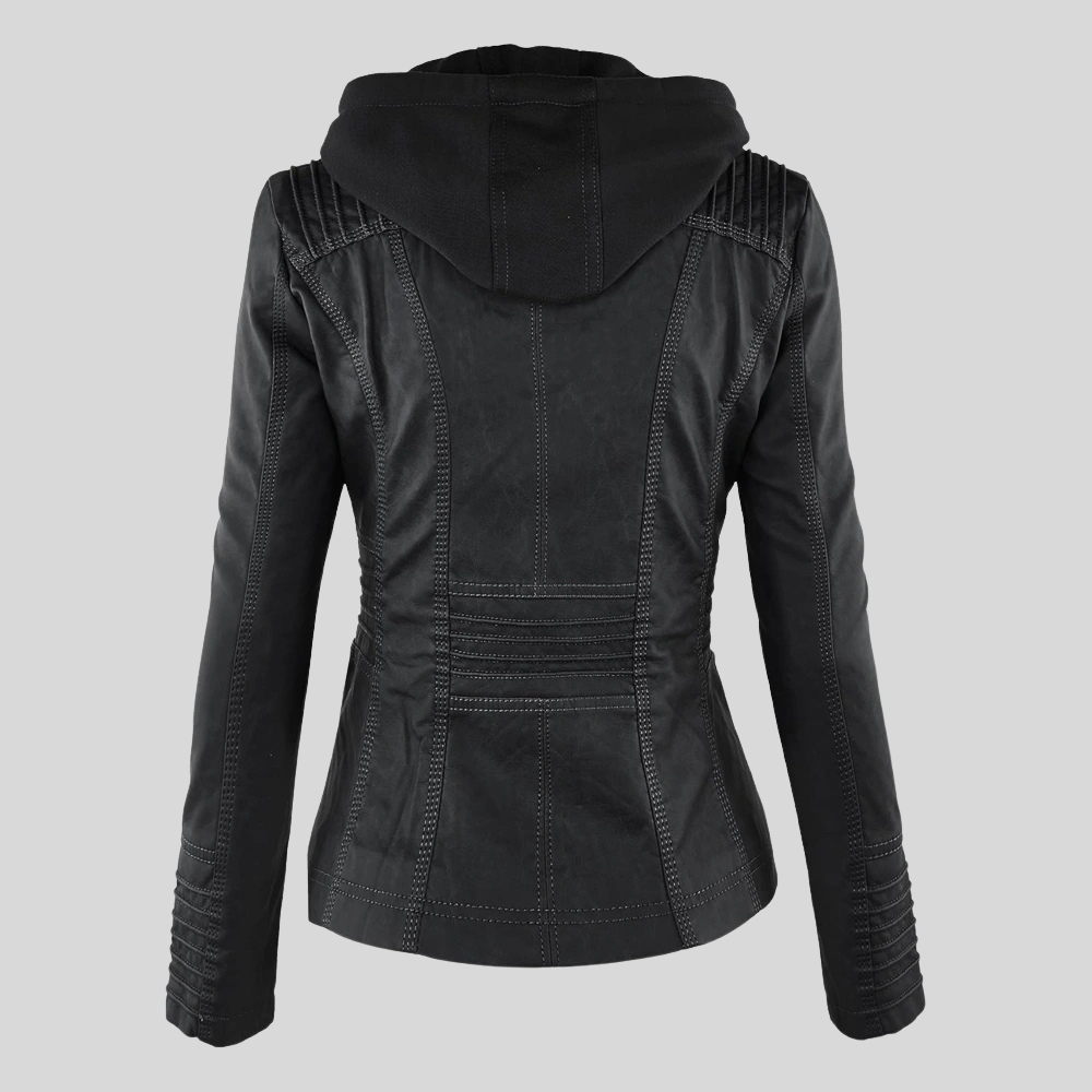 Women’s Black Leather Moto Jacket with Detachable Hood and Quilted Details
