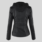 Women’s Black Leather Moto Jacket with Detachable Hood and Quilted Details