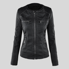 Women’s Black Leather Moto Jacket with Detachable Hood and Quilted Details