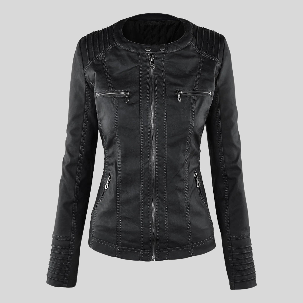 Women’s Black Leather Moto Jacket with Detachable Hood and Quilted Details