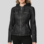 Women’s Black Leather Moto Jacket with Detachable Hood and Quilted Details