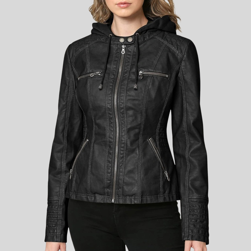 Women’s Black Leather Moto Jacket with Detachable Hood and Quilted Details