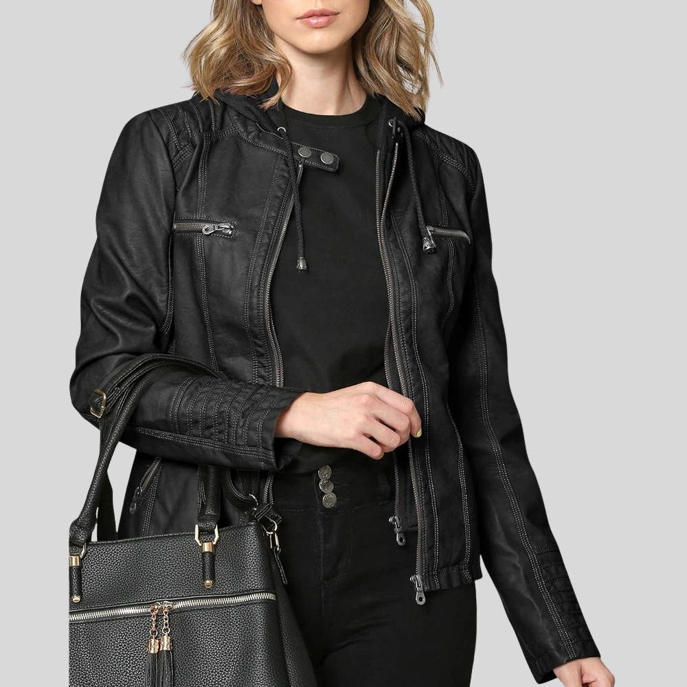 Women’s Black Leather Moto Jacket with Detachable Hood and Quilted Details