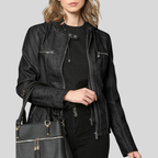 Women’s Black Leather Moto Jacket with Detachable Hood and Quilted Details