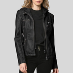 Women’s Black Leather Moto Jacket with Detachable Hood and Quilted Details