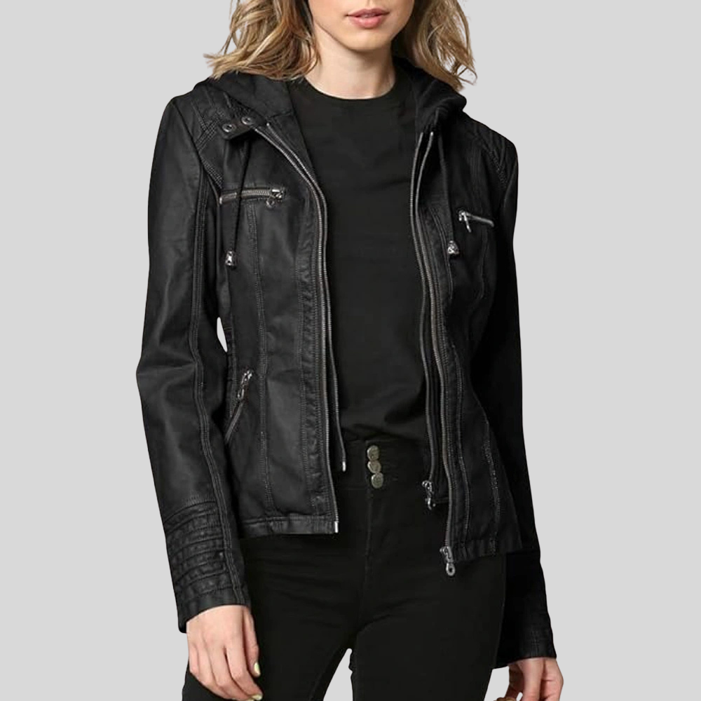 Women’s Black Leather Moto Jacket with Detachable Hood and Quilted Details