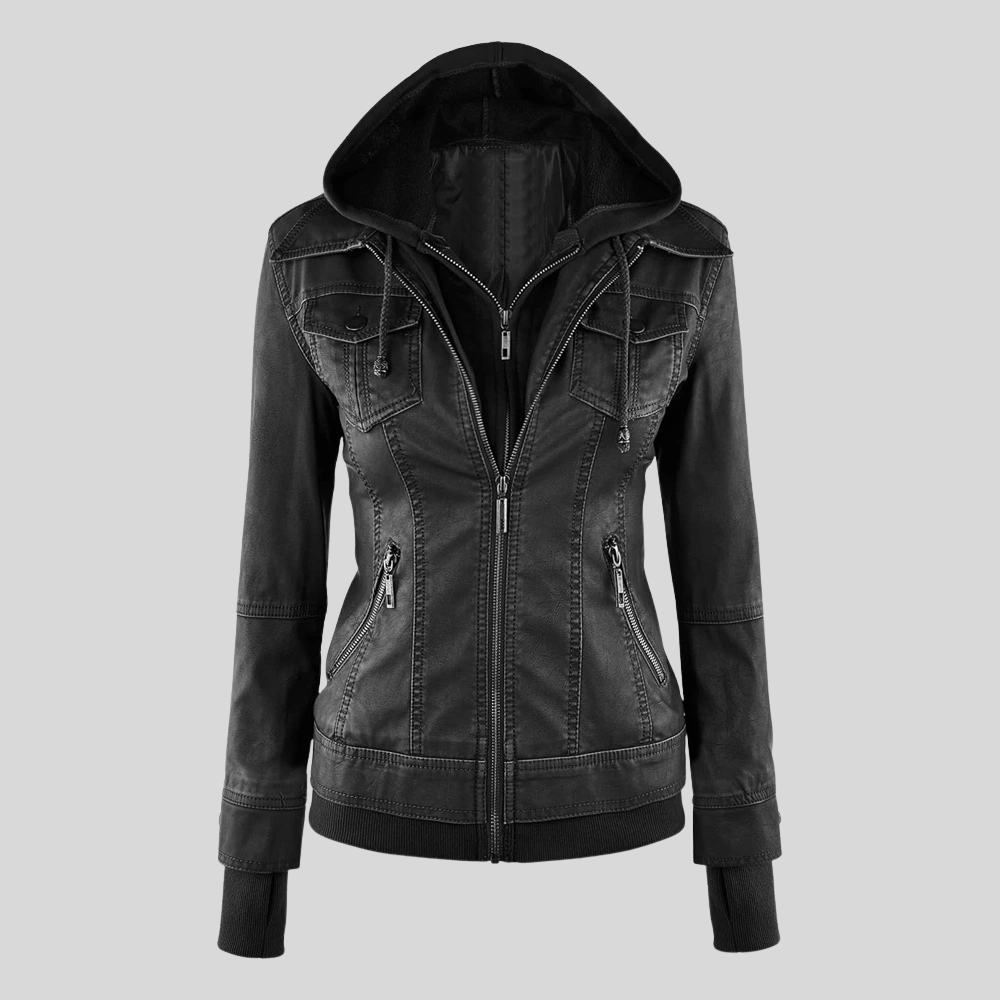 Women’s Black Leather Moto Coat Jacket with Detachable Hood