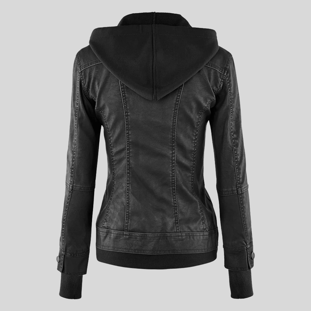 Women’s Black Leather Moto Coat Jacket with Detachable Hood