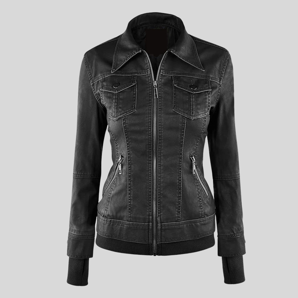 Women’s Black Leather Moto Coat Jacket with Detachable Hood