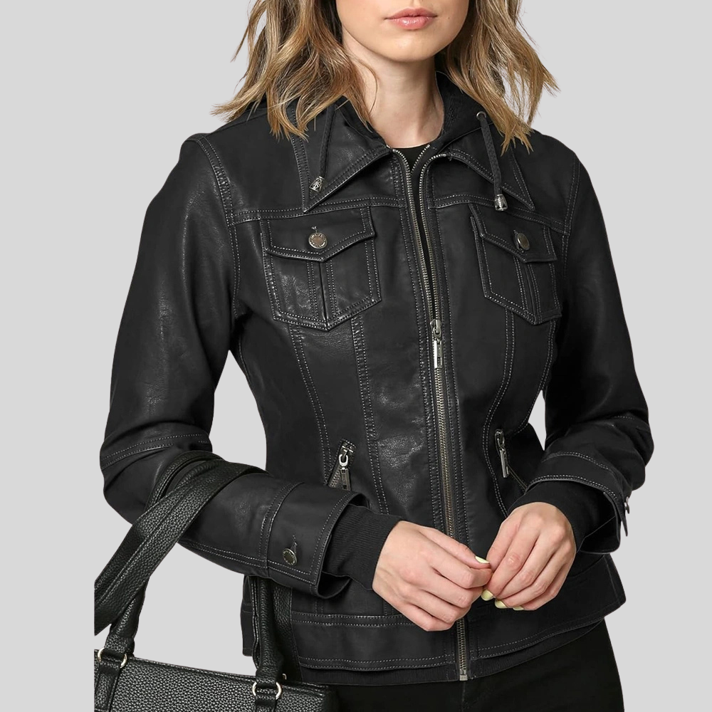 Women’s Black Leather Moto Coat Jacket with Detachable Hood
