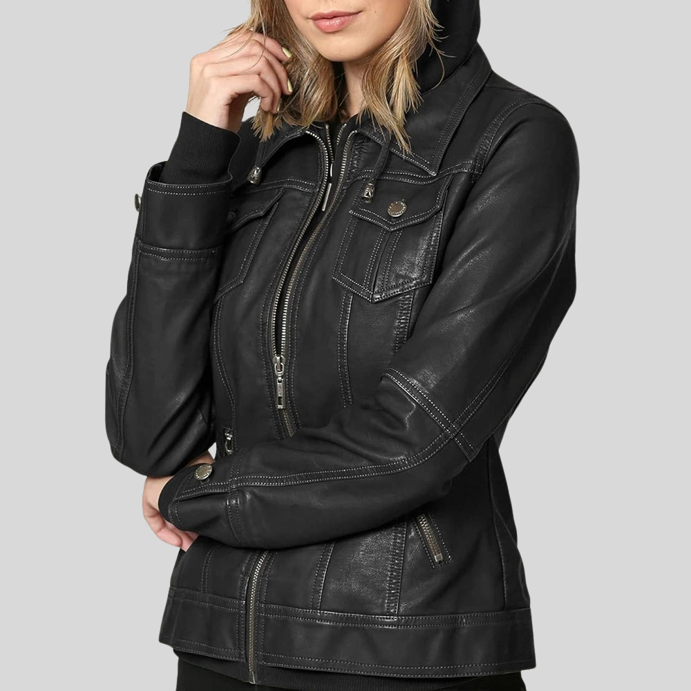 Women’s Black Leather Moto Coat Jacket with Detachable Hood
