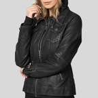 Women’s Black Leather Moto Coat Jacket with Detachable Hood
