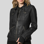 Women’s Black Leather Moto Coat Jacket with Detachable Hood