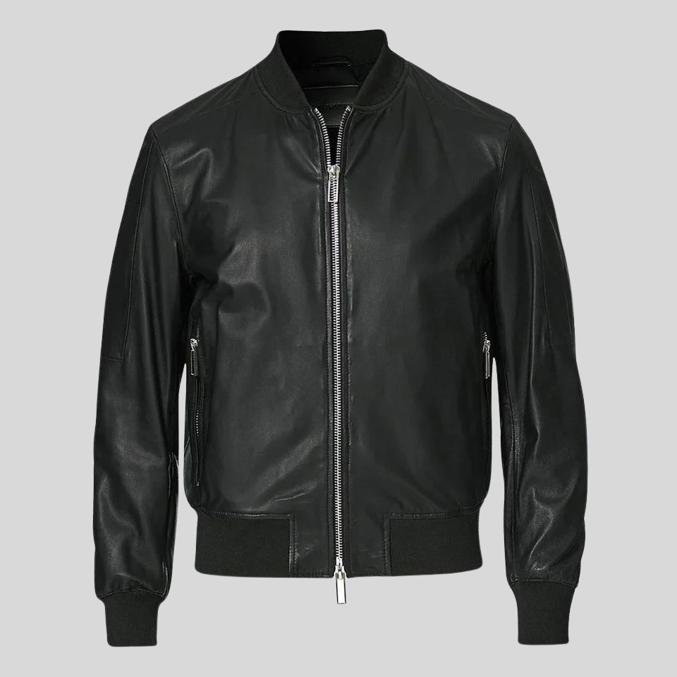 Classic Men’s Black Leather Bomber Jacket for men