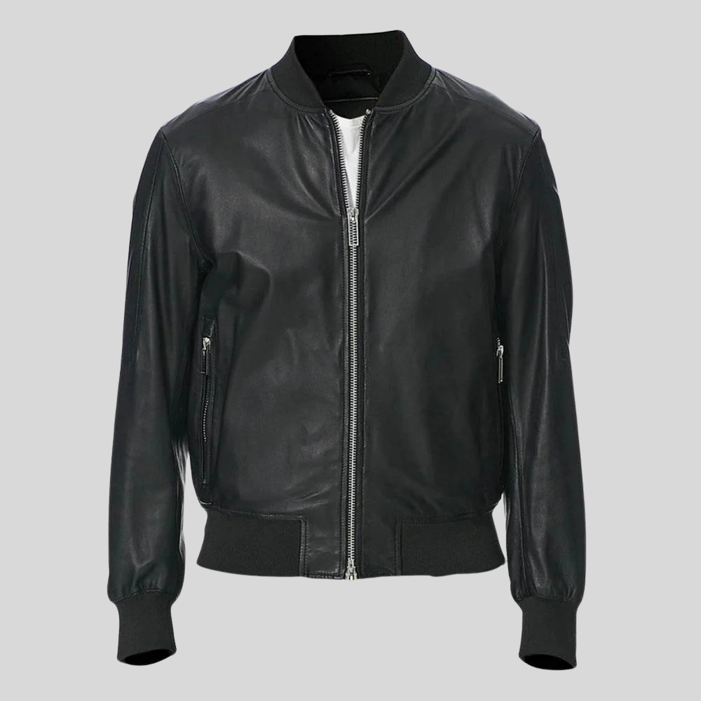 Classic Men’s Black Leather Bomber Jacket for men