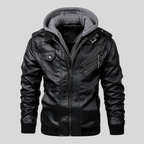 Men's Leather Bomber Jacket with Detachable Hood