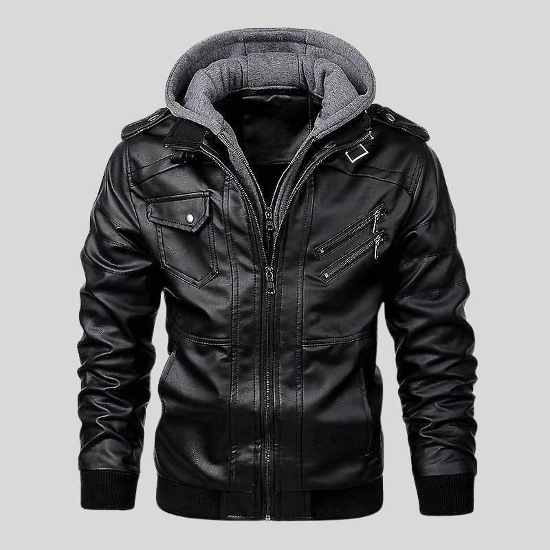 Men's Leather Bomber Jacket with Detachable Hood