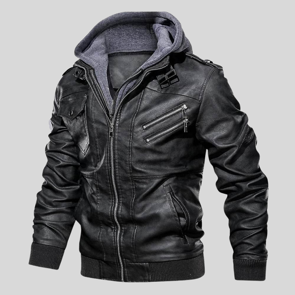 Men's Leather Bomber Jacket with Detachable Hood