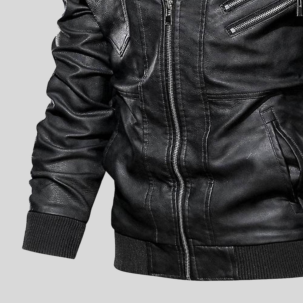 Men's Leather Bomber Jacket with Detachable Hood