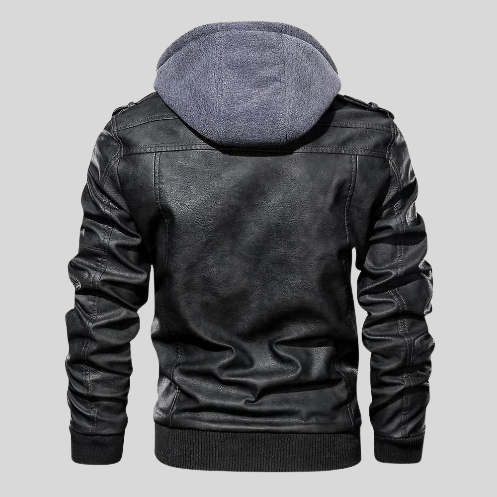 Men's Leather Bomber Jacket with Detachable Hood