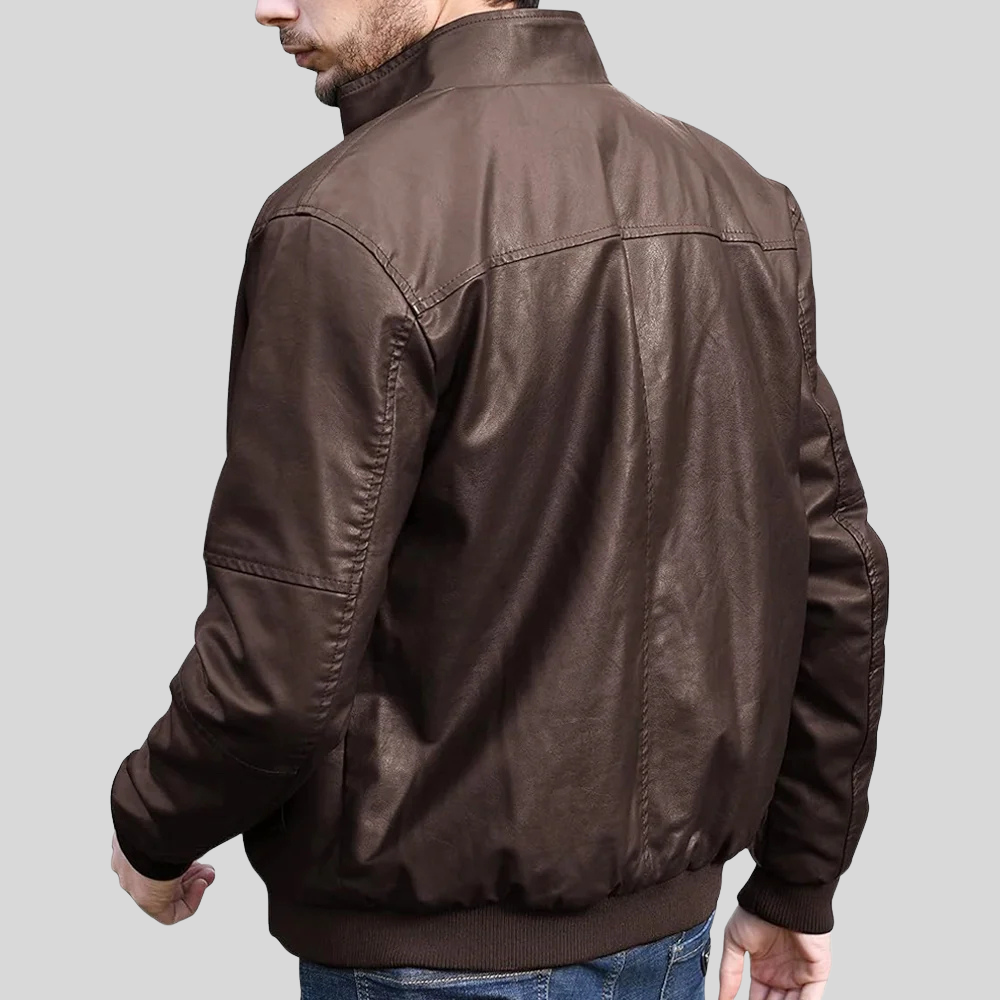 Classic Leather Bomber Jacket with Stand Collar for men