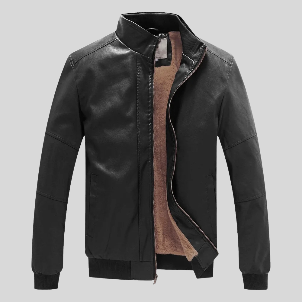 Mens Black Stand Collar Bomber Leather Jacket