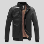 Mens Black Stand Collar Bomber Leather Jacket