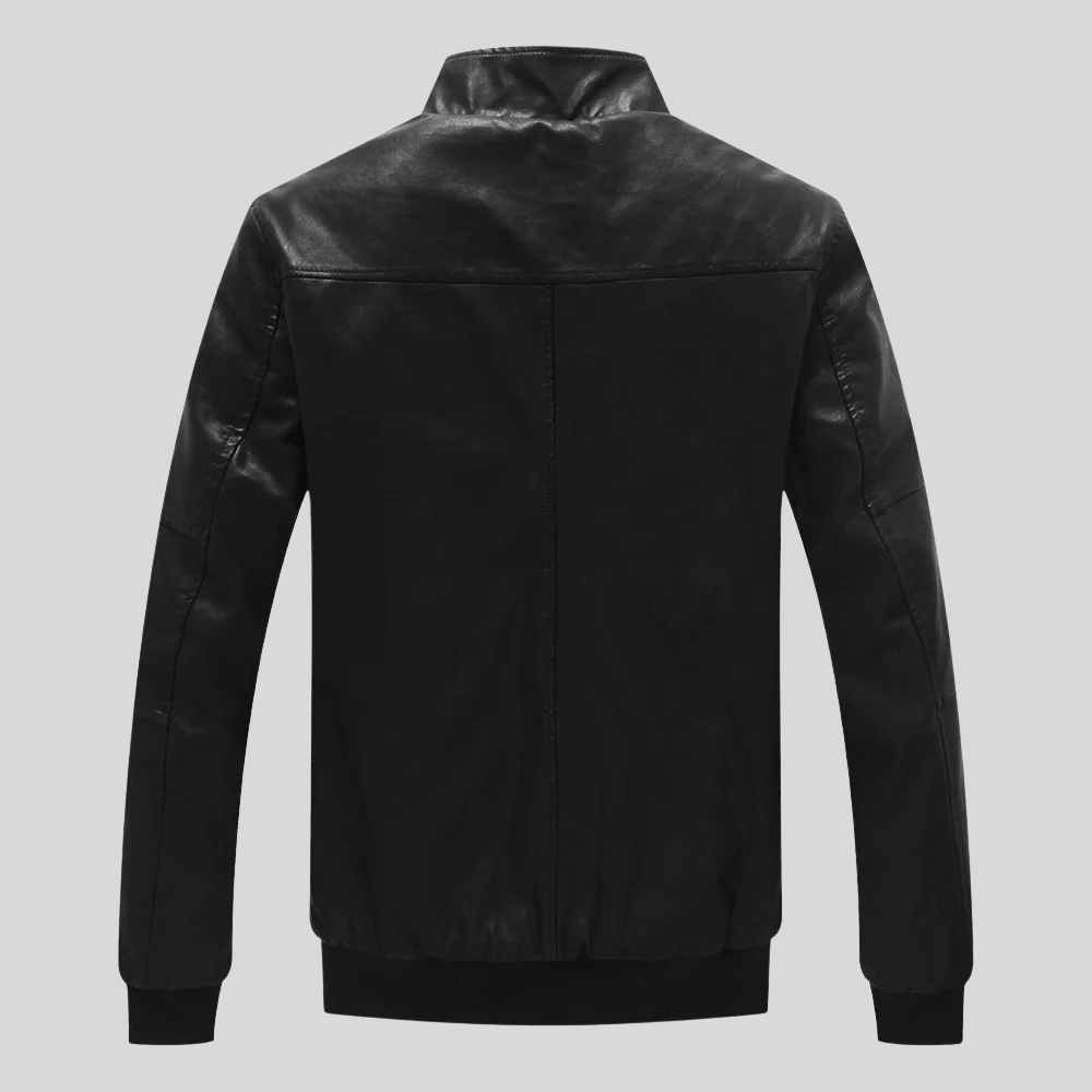Mens Black Stand Collar Bomber Leather Jacket