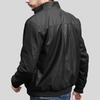 Mens Black Stand Collar Bomber Leather Jacket