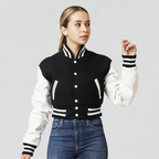 Black Wool & Bright White Leather Letterman Crop Top Jacket