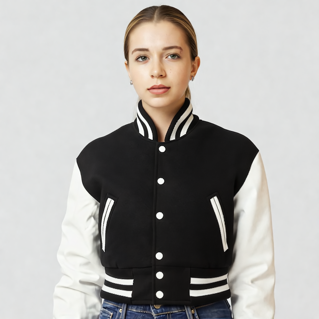 Black Wool & Bright White Leather Letterman Crop Top Jacket