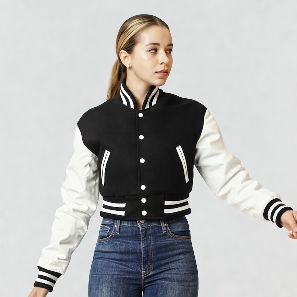 Black Wool & Bright White Leather Letterman Crop Top Jacket
