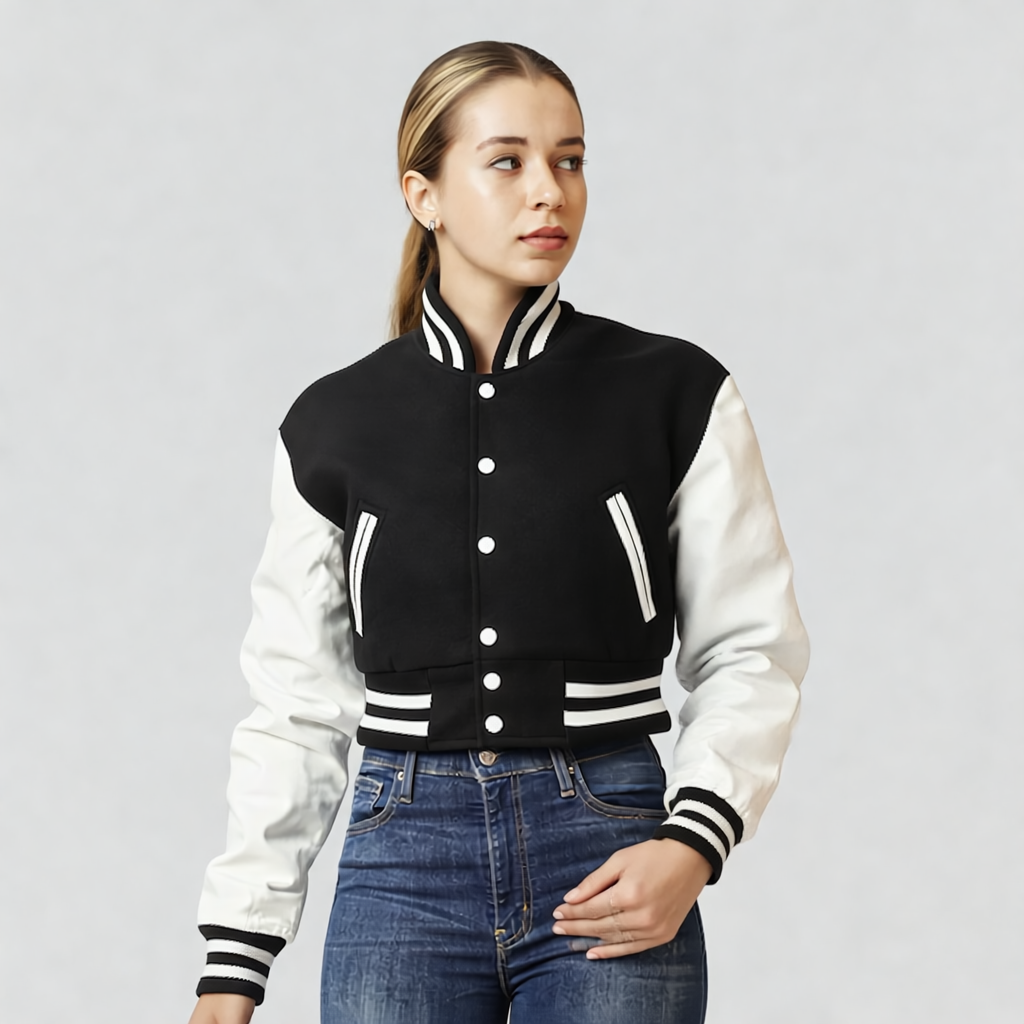 Black Wool & Bright White Leather Letterman Crop Top Jacket
