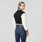 Black Wool & Bright White Leather Letterman Crop Top Jacket