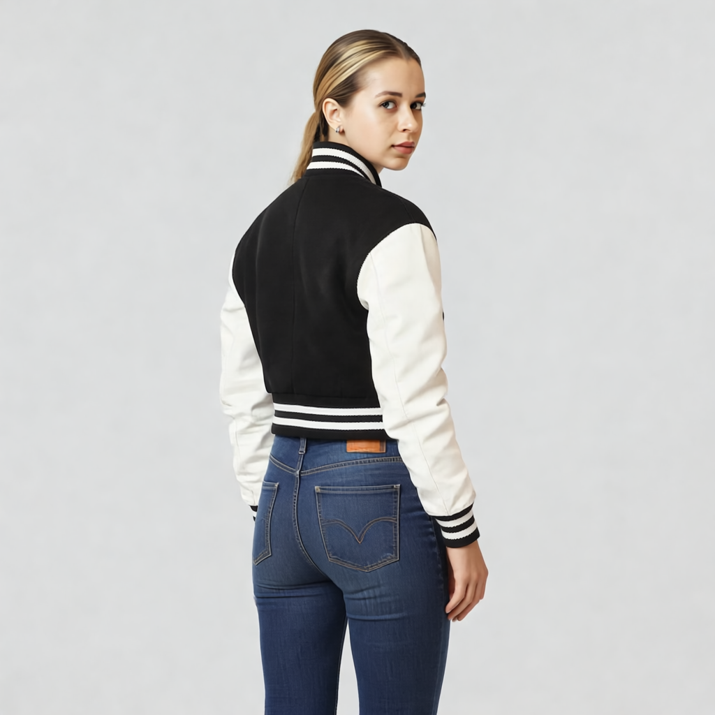 Black Wool & Bright White Leather Letterman Crop Top Jacket