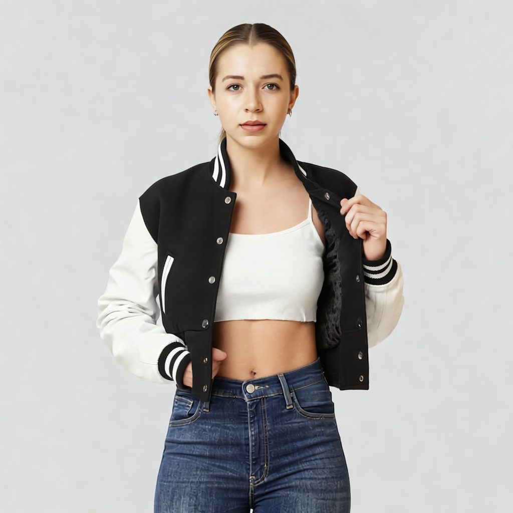 Black Wool & Bright White Leather Letterman Crop Top Jacket