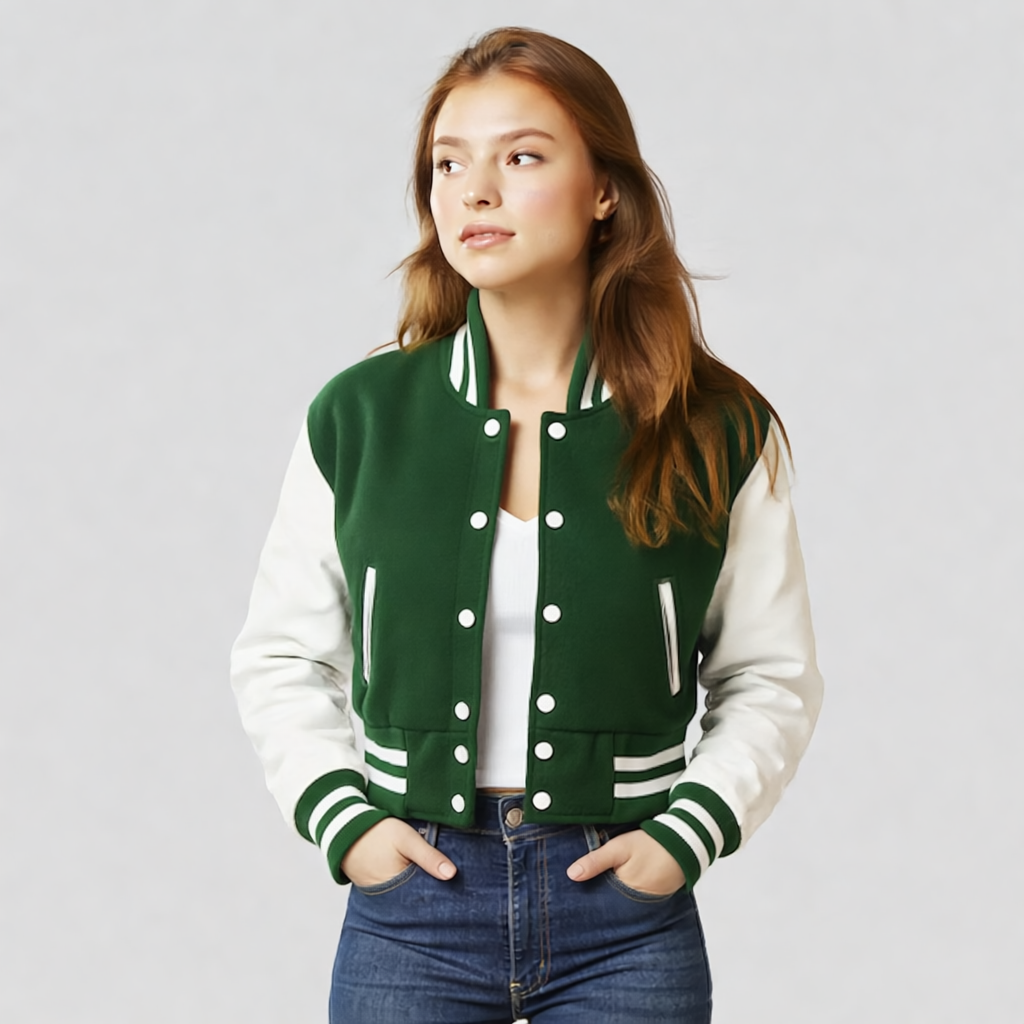 Kelly Green & White Letterman Crop Top Jacket